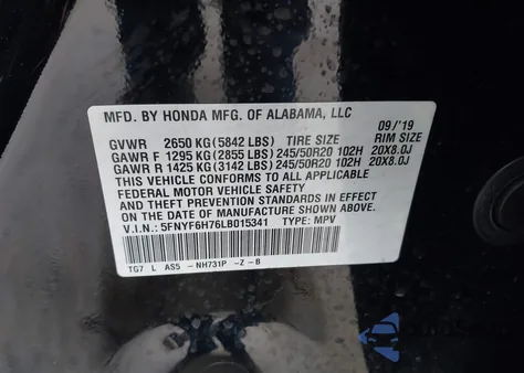 2020 Honda Pilot Awd Black Edition z USA, uszkodzony, nr VIN 5FNYF6H76LB015341